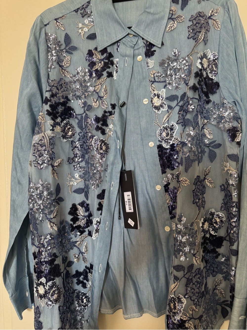 Valentino Light Blue Floral Sequin Embroidered Button-Down Shirt